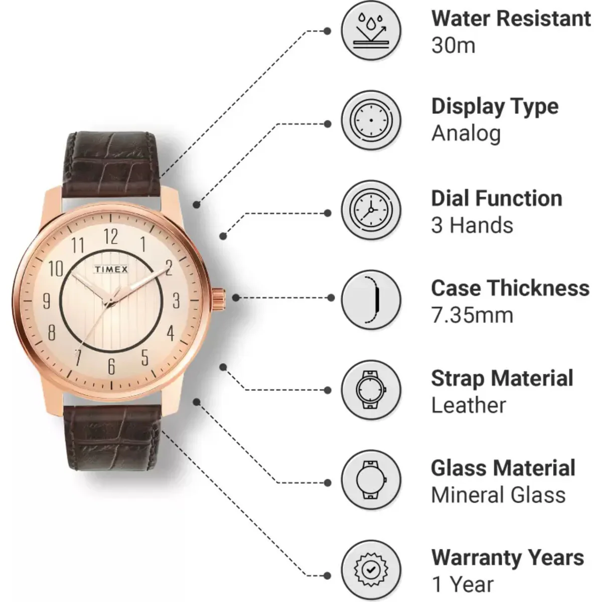 Timex Fashion Men's Rose Gold Dial Round Case 3 Hands Function Watch -TWNTG07SMU03 - Image 2