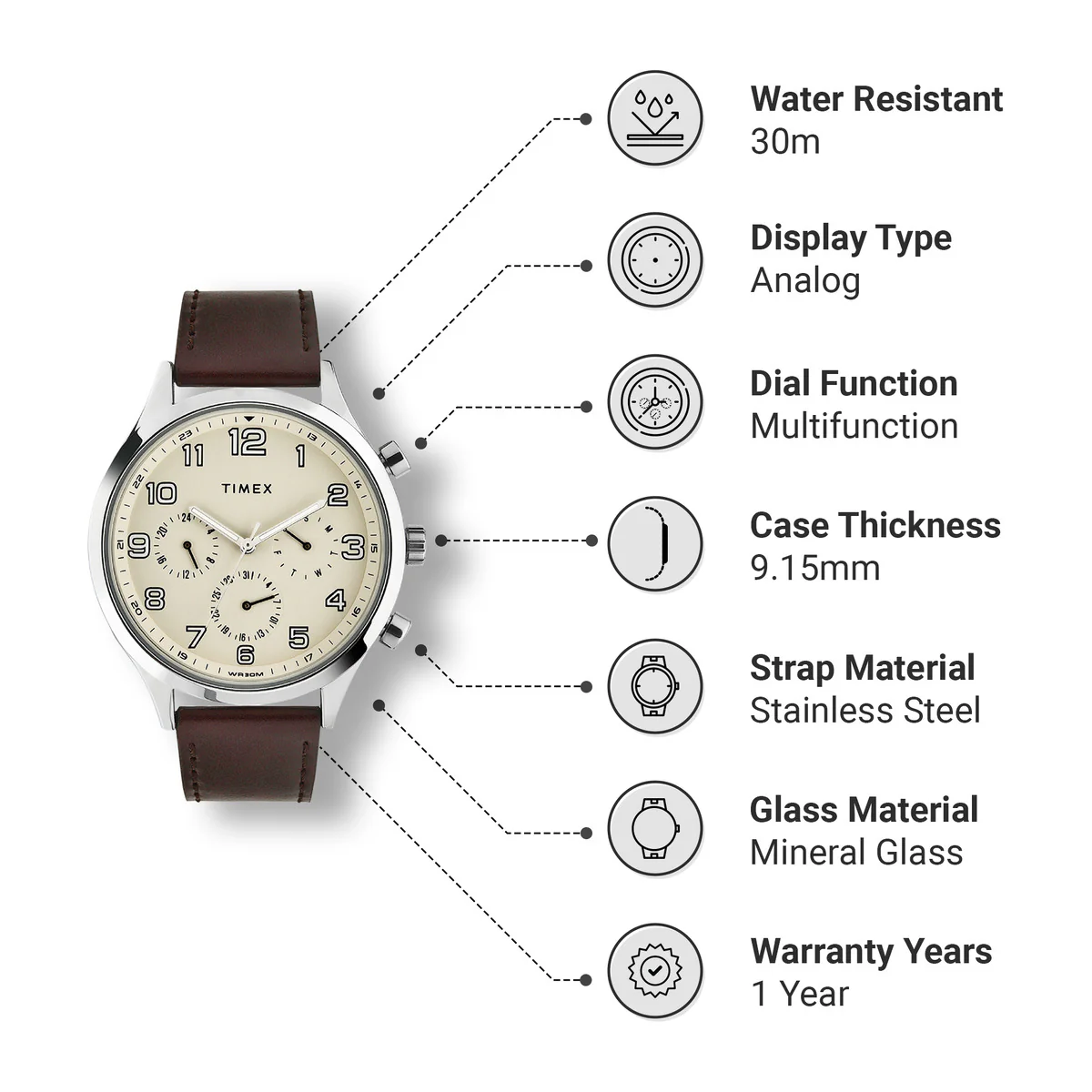 Timex Fashion Collection Premium Quality Multifunction Men Analog Beige Dial Coloured Quartz Watch, Round Dial with 43mm Case width - TWHG03SMU08 - Image 3