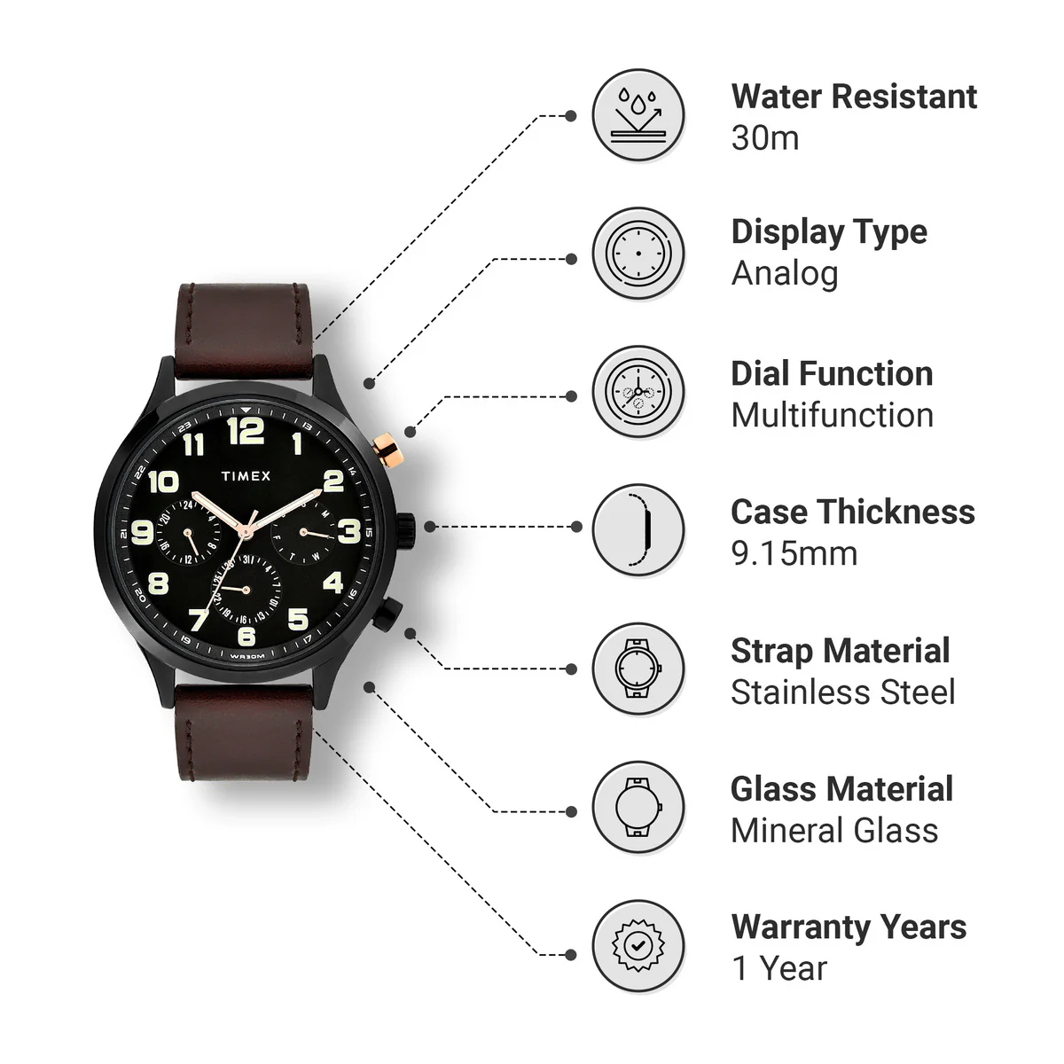Timex Fashion Collection Premium Quality Multifunction Men Analog Black Dial Coloured Quartz Watch, Round Dial with 43mm Case width - TWHG03SMU09 - Image 3