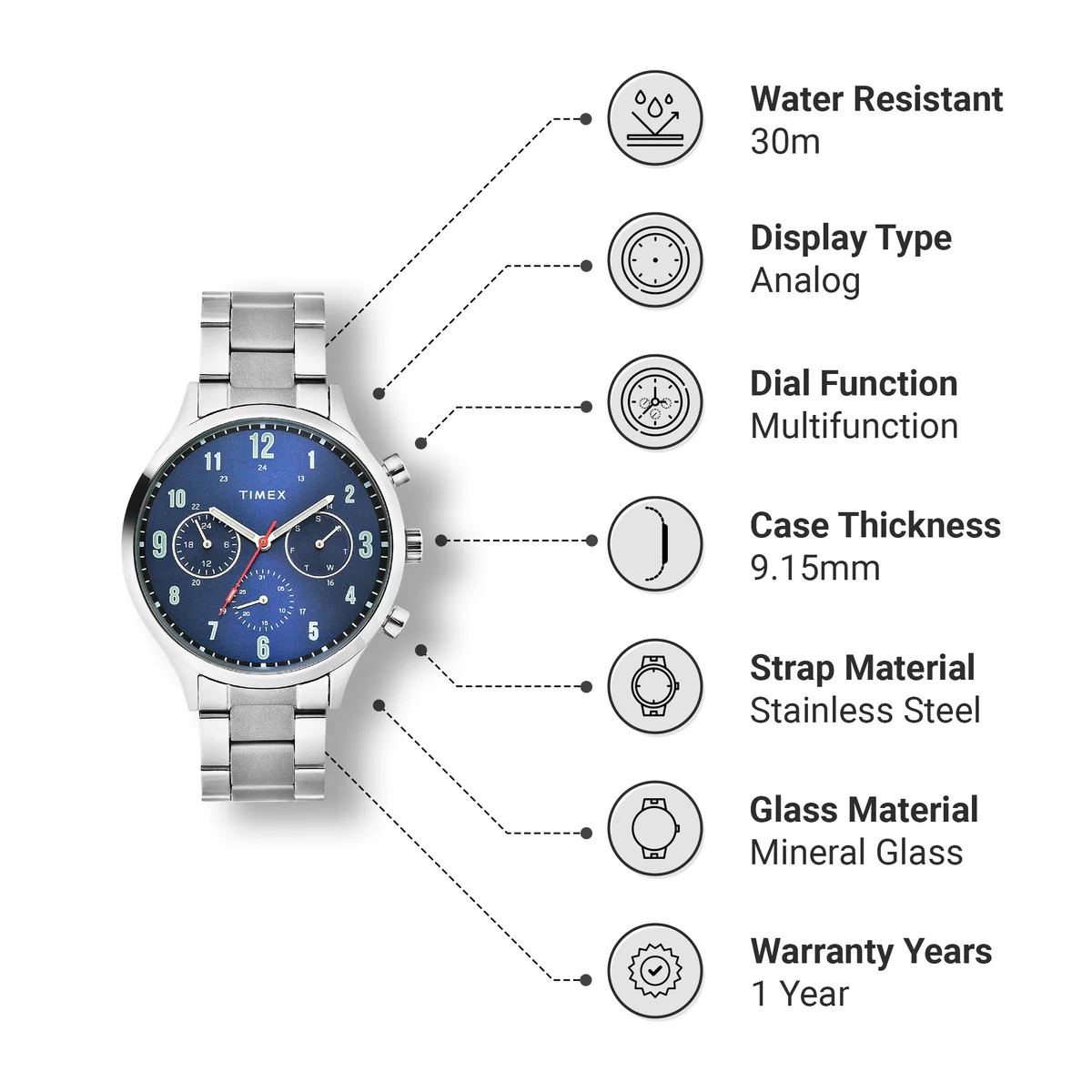 Timex Fashion Collection Premium Quality Multifunction Men Analog Blue Dial Coloured Quartz Watch, Round Dial with 43mm Case width - TWHG03SMU05 - Image 3