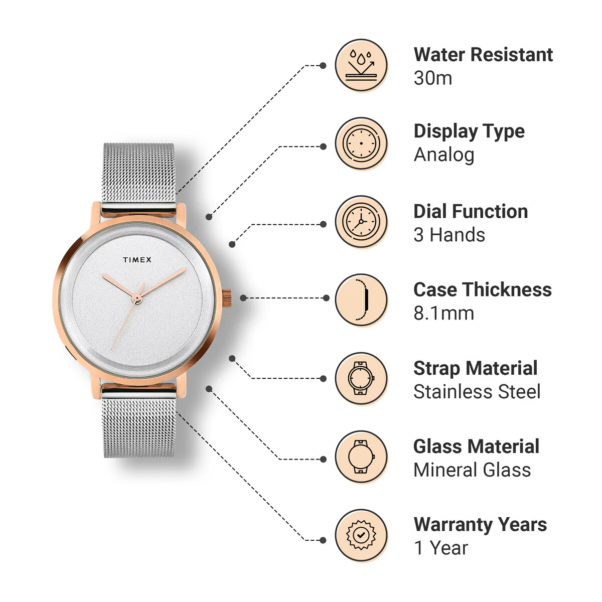 Timex Fashion Collection Premium Quality Women Analog Grey Dial Coloured Quartz Watch, Round Dial with 36mm Case width - TWEL129SMU02 - Image 3