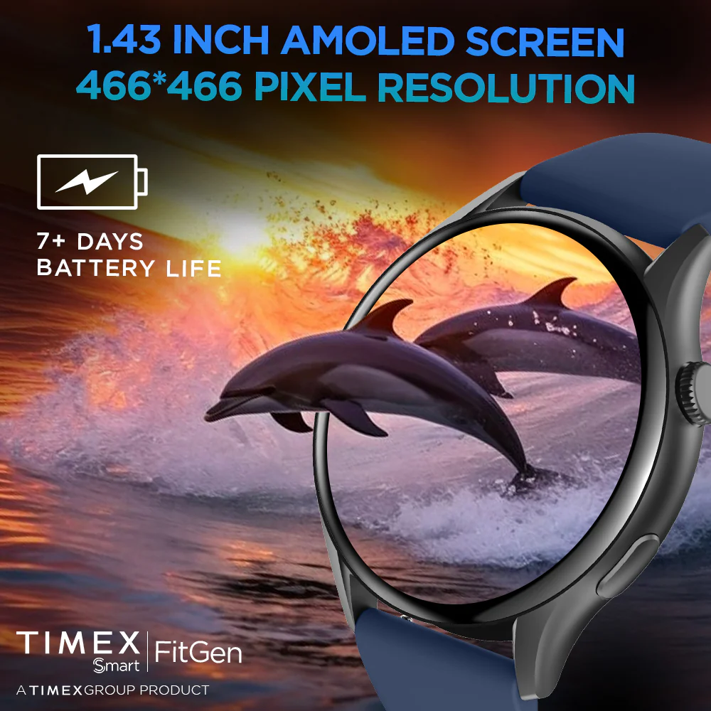 Timex FitGen 1.43 Round AMOLED Smartwatch with 466x466 Pixel Resolution|Single Sync Bluetooth Calling| Rotating Crown| Metallic Body|Always On Display|AI Voice Assist|100 Sports Modes|200 Watchfaces|Upto 7 Days Battery(Normal Usage) - TWTXW501T - Image 3