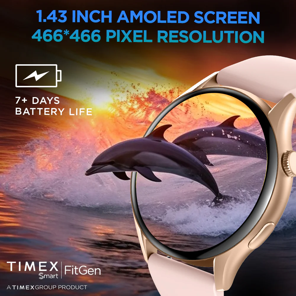 Timex FitGen 1.43 Round AMOLED Smartwatch with 466x466 Pixel Resolution|Single Sync Bluetooth Calling| Rotating Crown| Metallic Body|Always On Display|AI Voice Assist|100 Sports Modes|200 Watchfaces|Upto 7 Days Battery(Normal Usage) - TWTXW503T - Image 3