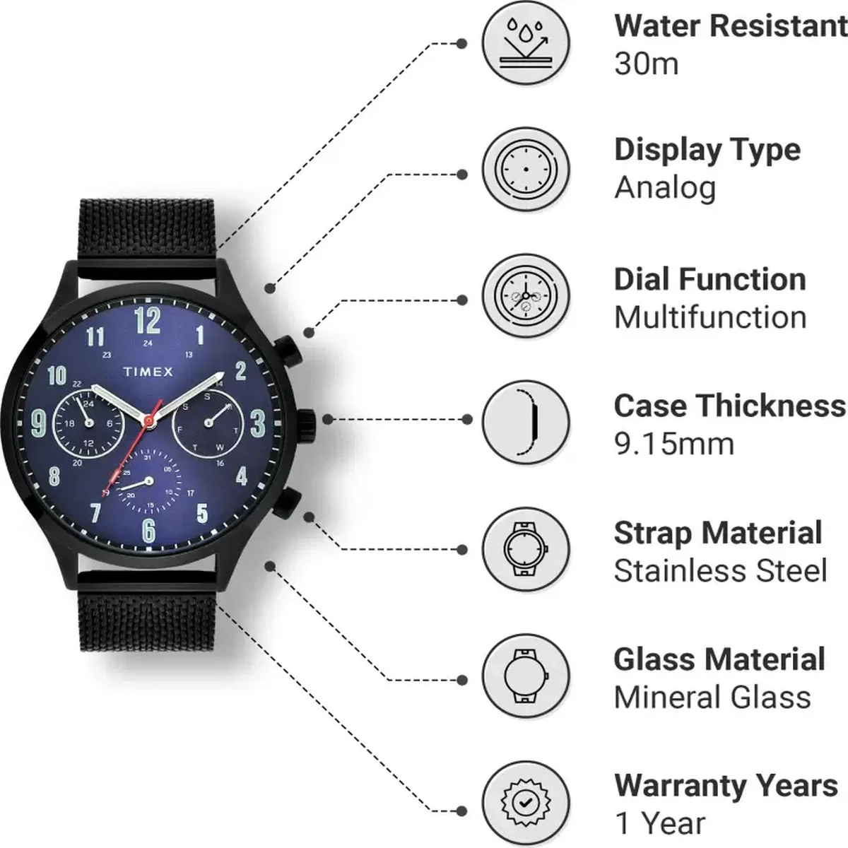 Timex Fashion Men's Blue Dial Round Case Multifunction Function Watch -TWHG03SMU02 - Image 3