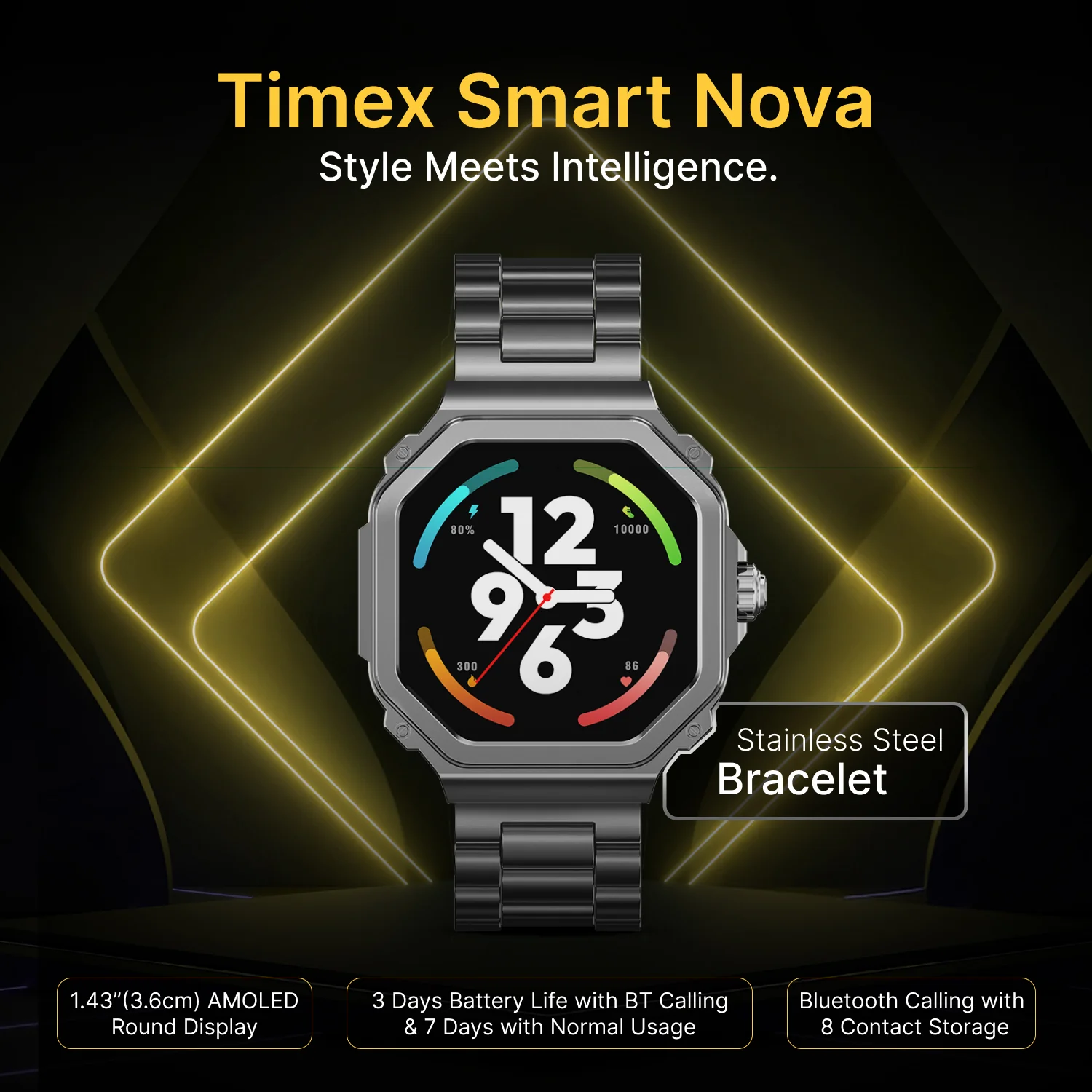 TIMEX Smart Nova 1.43 inches (3.6cm) AMOLED Display with Functional Crown, Stainless Steel Bracelet and BT Calling Smartwatch for Unisex - TWTXW1004T - Image 4