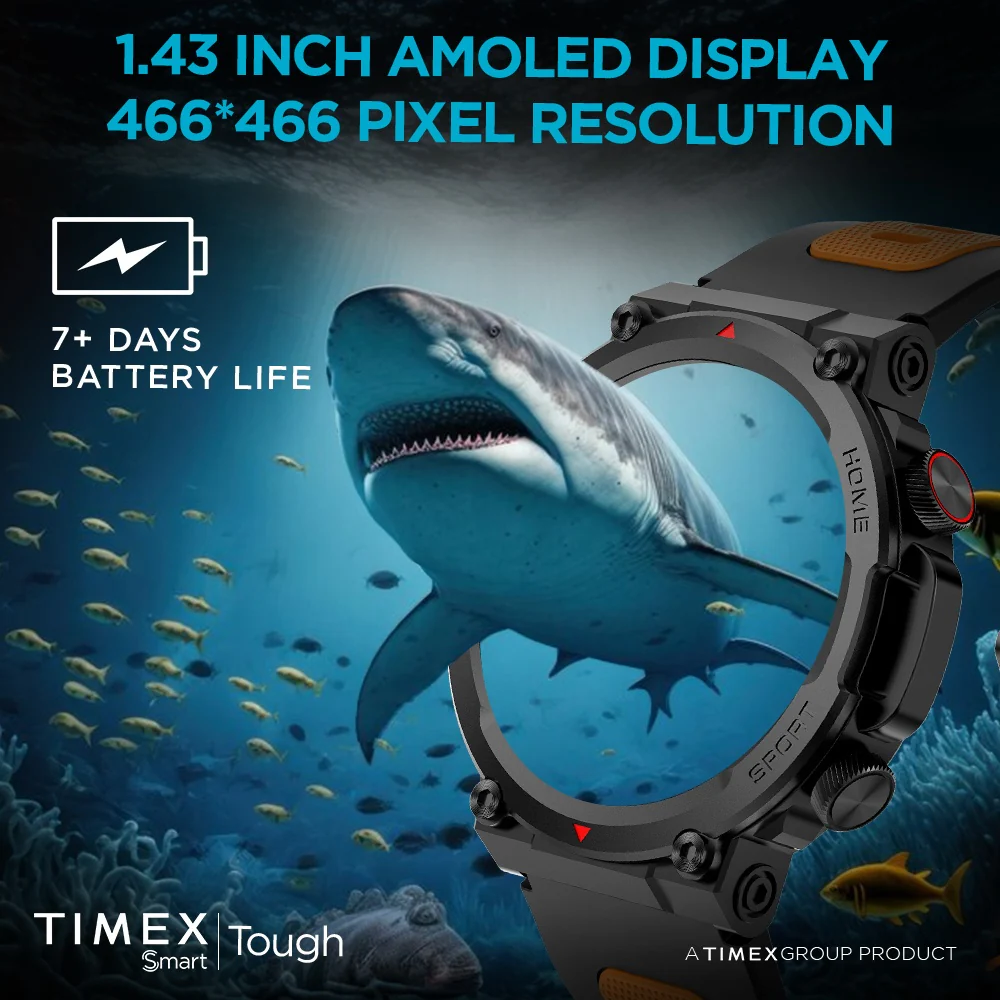 Timex Tough 1.43 inches Round AMOLED Rugged Smartwatch with 466x466 Pixel Resolution| Functional Crown|Bluetooth Calling| Metallic Body|Always On Display|AI Voice Assist|100 Sports Modes|100 Watchfaces|Upto 7 Days Battery(Normal Usage) - TWTXW601T - Image 4