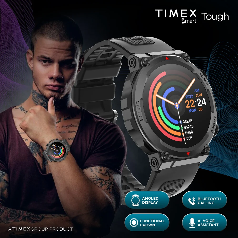 Timex Tough 1.43 inches Round AMOLED Rugged Smartwatch with 466x466 Pixel Resolution| Functional Crown|Bluetooth Calling| Metallic Body|Always On Display|AI Voice Assist|100 Sports Modes|100 Watchfaces|Upto 7 Days Battery(Normal Usage) - TWTXW602T - Image 3