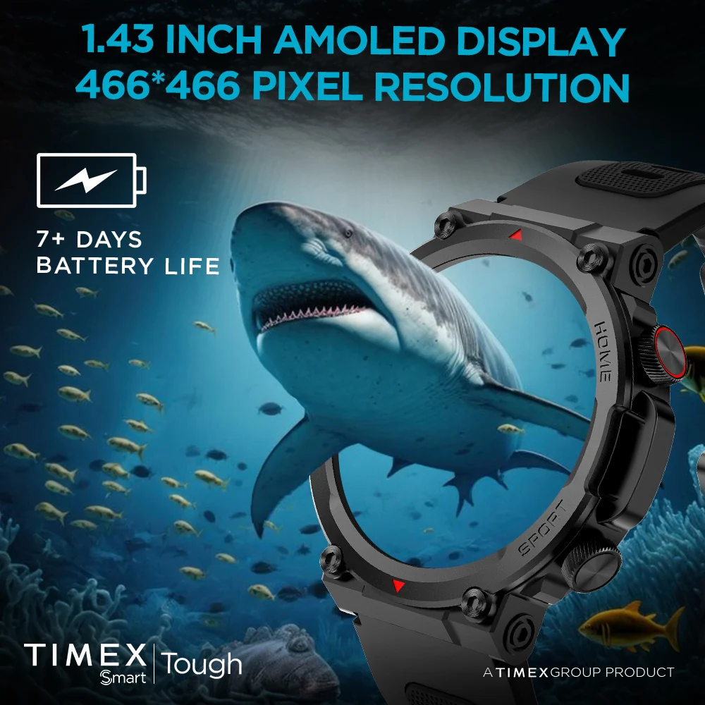 Timex Tough 1.43 inches Round AMOLED Rugged Smartwatch with 466x466 Pixel Resolution| Functional Crown|Bluetooth Calling| Metallic Body|Always On Display|AI Voice Assist|100 Sports Modes|100 Watchfaces|Upto 7 Days Battery(Normal Usage) - TWTXW602T - Image 4