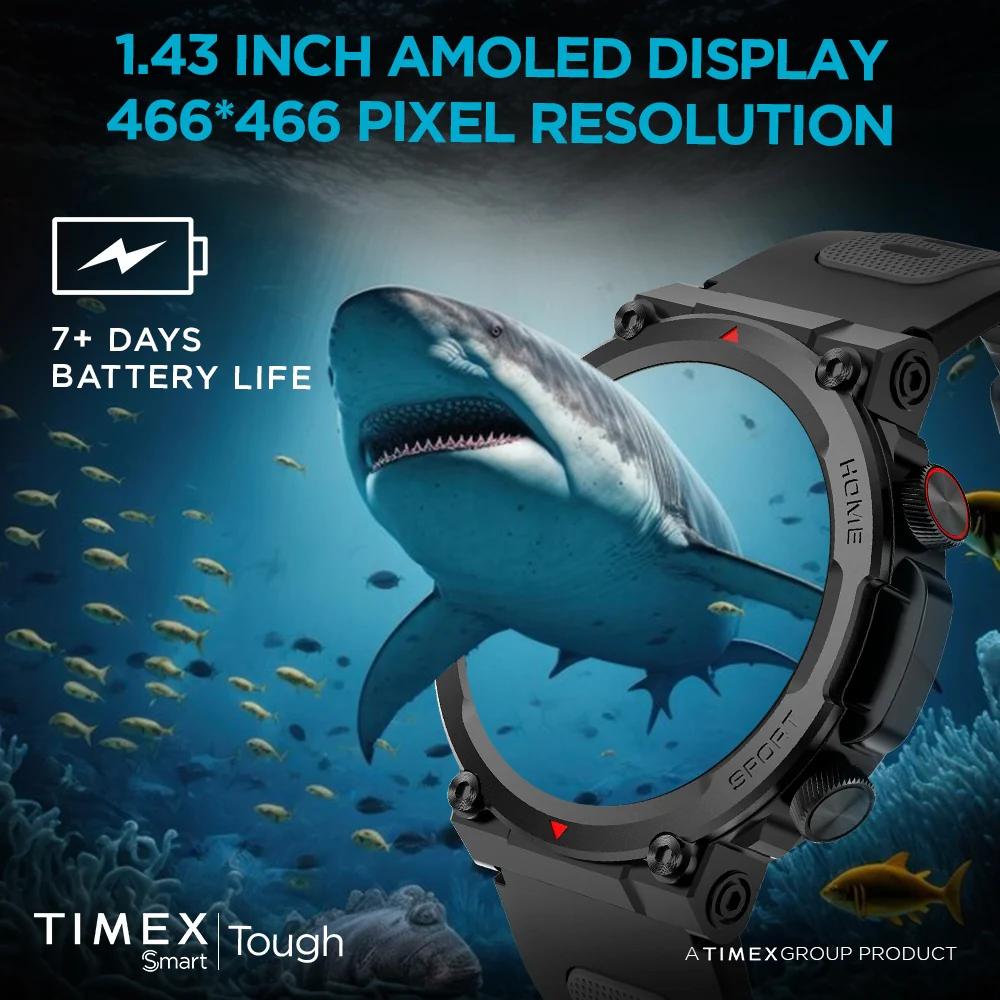 Timex Tough 1.43 inches Round AMOLED Rugged Smartwatch with 466x466 Pixel Resolution| Functional Crown|Bluetooth Calling| Metallic Body|Always On Display|AI Voice Assist|100 Sports Modes|100 Watchfaces|Upto 7 Days Battery(Normal Usage) - TWTXW603T - Image 4